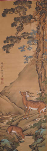 Chinese Deer Painting, signed Shen Quan