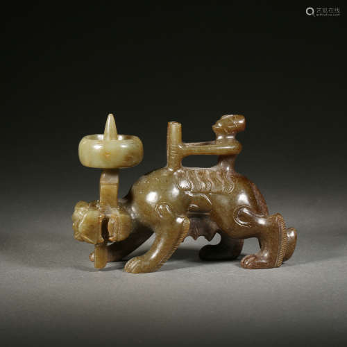 Carved Brownish Jade Beast-Form Candlestick