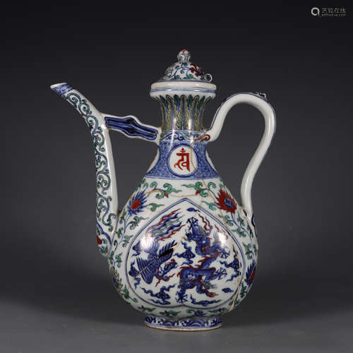 Wucai Glaze Dragon and Phoenix Ewer