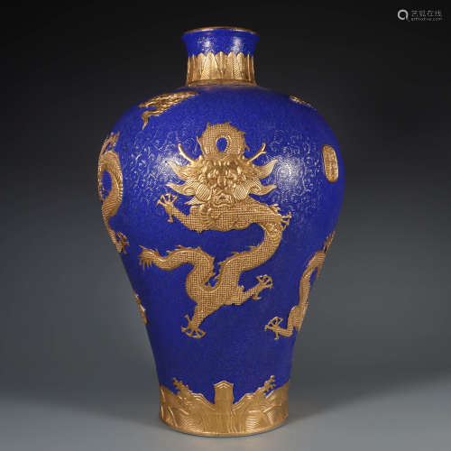 Gilt Deco and Blue-Ground Dragon Meiping Vase