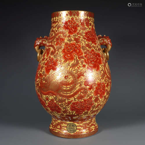 Yellow-Ground and Red Glaze Flower and Phoenix Vase