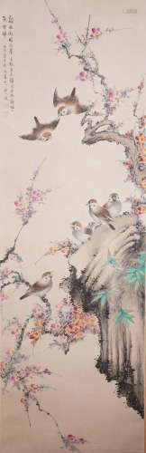 Chinese Flower and Bird Painting Scroll, signed Yan Bolong