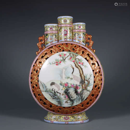 Famille Rose and Gilt Deco Crane Moon Flask