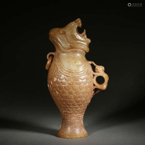 Carved Russet Jade Carp-Dragon Pot