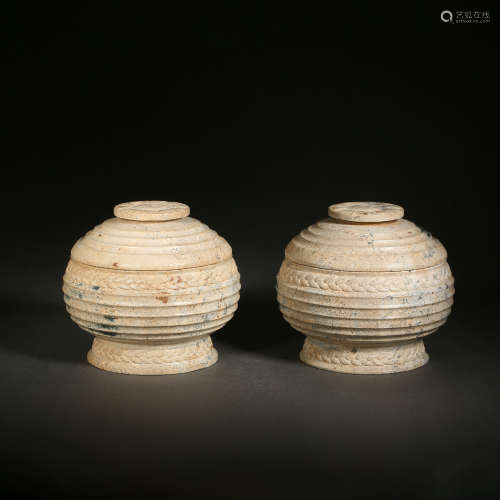 Pair of Carved Chicken Bone White Covered Jars