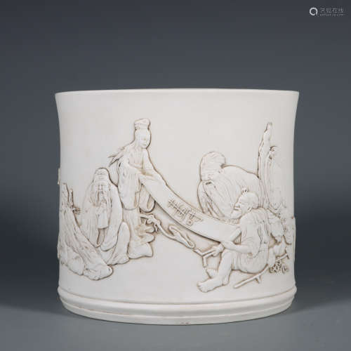Carved Porcelain Figure Brush Pot