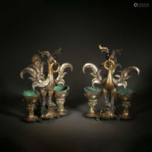 Pair of Gold Inlaying Bronze Phoenix  Ornaments