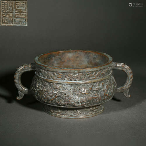 High-Relief Decorated Bronze Double-Eared Censer