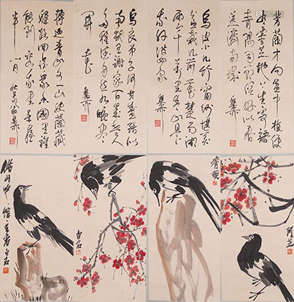 Four Chinese Flower and Bird Painting Screens, signed Qi Bai...