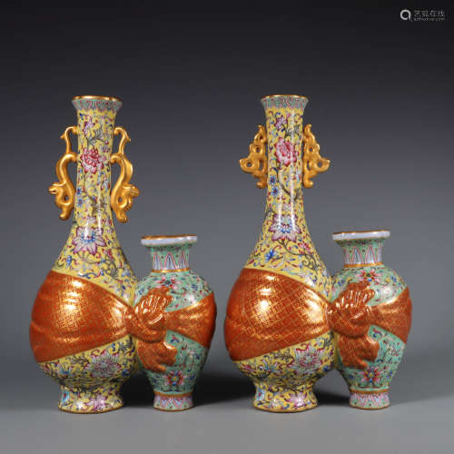 Two Famille Rose Wrapped Double Conjoined Vases