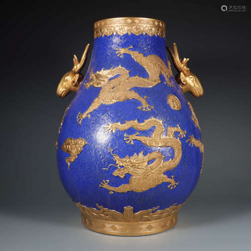 Blue-Ground and Gilt Decorated Dragon Double Deer-Eared Zun