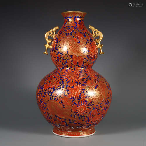 Gilt Deco and Iron-Red Glaze Flower and Kylin Double-Gourd V...