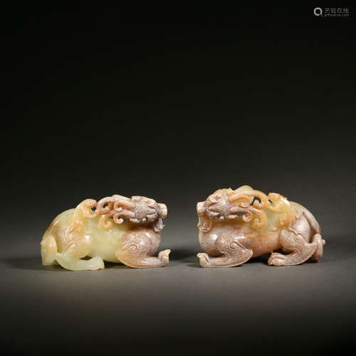 Pair of Carved Jade Mythical Beast Ornaments