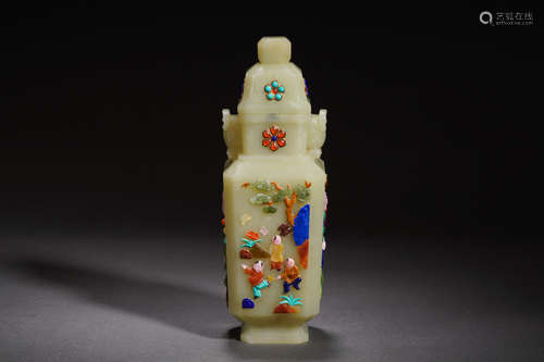 Embellished Jade Boys Playing Square Vase