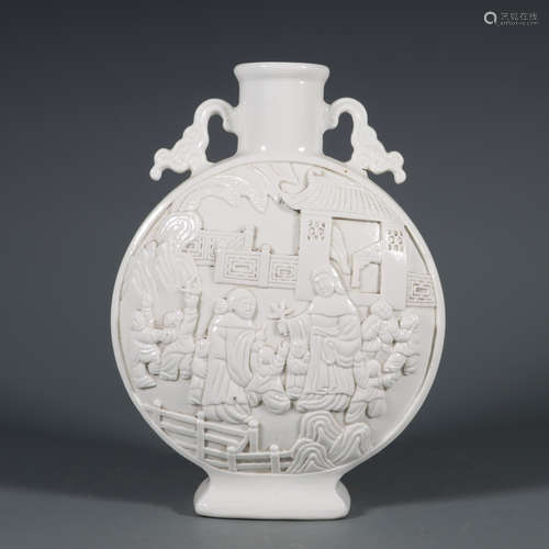 Carved Porcelain White Glaze Figure Moon Flask