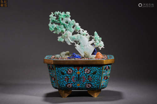 Cloisonne Enamel Basin and Carved Jadeite Rock