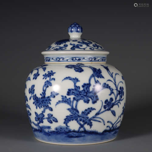 Blue and White Floral Jar and Cover