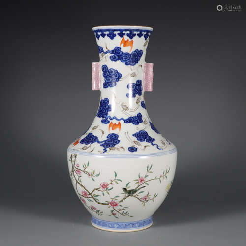 Famille Rose and Underglaze Blue Flower and Bird Double-Eare...