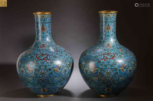 Pair of Cloisonne Enamel Tianqiuping Vases