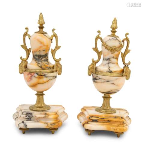A Pair of Gilt Bronze Mounted Marble Urns Height 11 x width ...