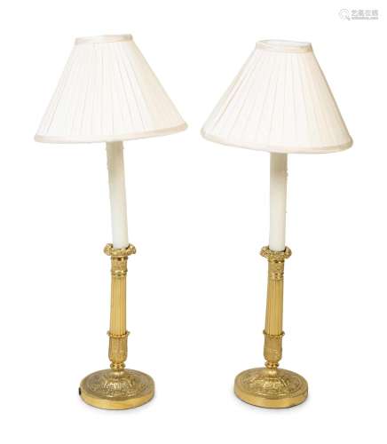 A Pair of Gilt Bronze Candle Lamps Height 18 inches.