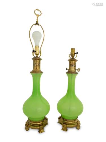 A Pair of Green Opaline Glass Base Table Lamps   Height 24 i...
