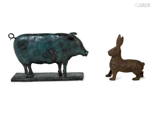 A Cast Iron Rabbit and a Patinated Metal Pig Pig, height 13 ...