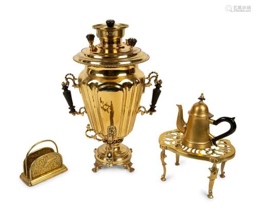 A Brass Samovar, Kettle Stand, Small Coffee Pot and Napkin H...