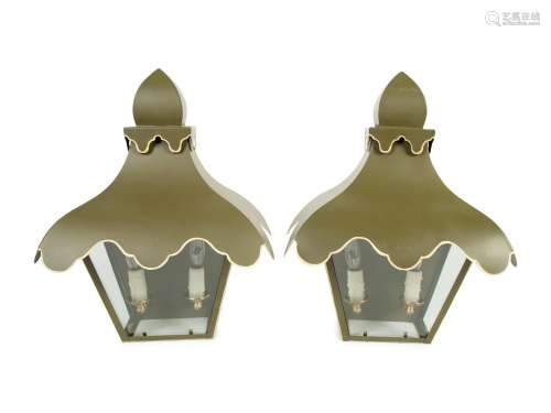A Pair of Green and White Tole Tent Lantern Two-Light Sconce...