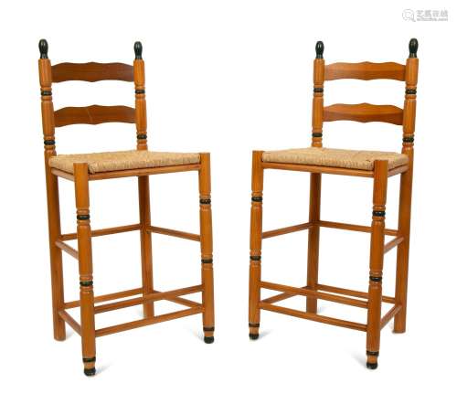 A Set of Four Painted Ladder Back Rush Seat Bar Stools Heigh...