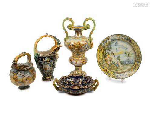 Five Italian Majolica Items Height of tallest 24 inches.