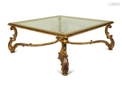 A Rococo Style Silver-Gilt Glass Top Coffee Table with Silve...
