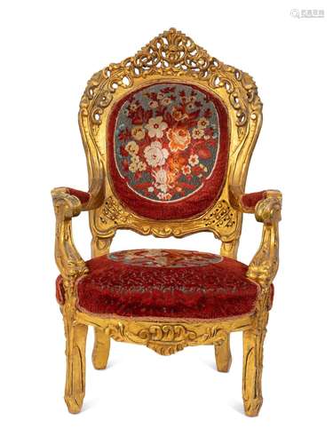 An Italian Rococo Style Giltwood Armchair Height 46 1/2 x wi...