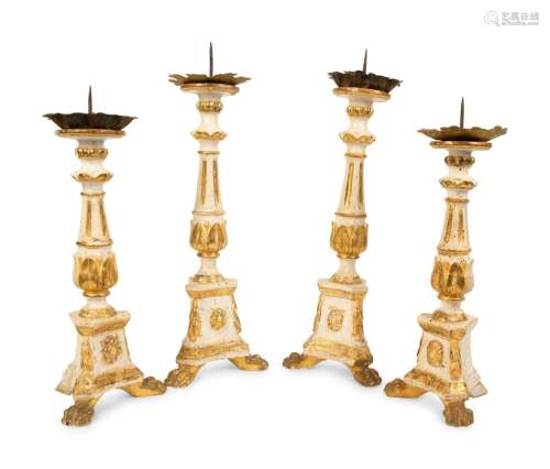 Two Pairs of Tuscan Painted and Parcel Gilt Candlesticks Hei...