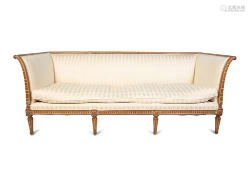 A Gustavian Style Carved Natural   Wood Upholstered Sofa Hei...