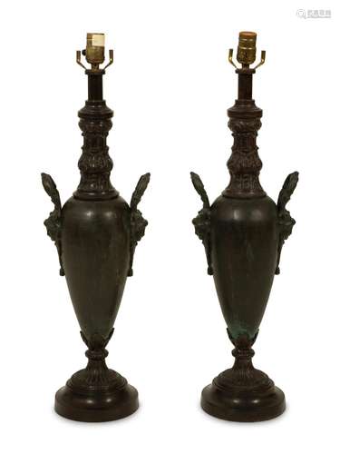 A Pair of French Empire Style Bronze Urns now Mounted as Tab...