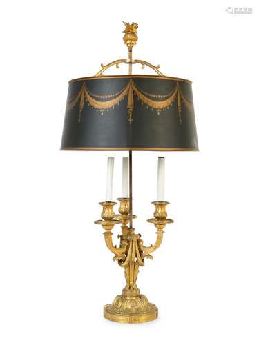 A Louis XVI Style Gilt Bronze Bouillotte Lamp with Tole Shad...