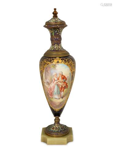 A Sevres Style Porcelain And Champleve Enamel Covered Urn wi...