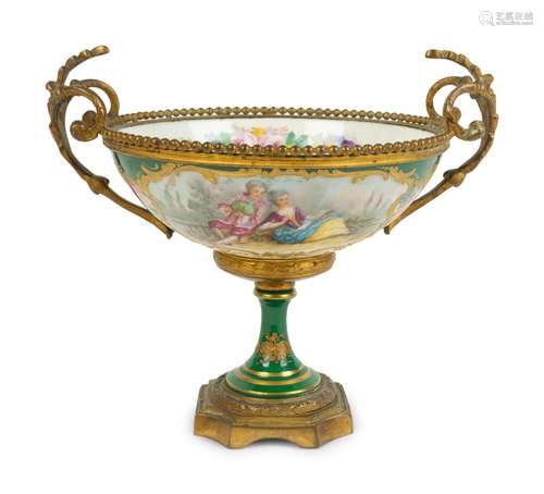 A Sevres Style Gilt Bronze Mounted Porcelain Footed Bowl Hei...