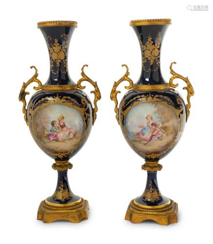 A Pair of Sevres Style Gilt Bronze Mounted Porcelain Baluste...