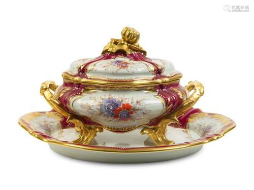 A Limoges Painted Porcelain Tureen and Undertray   Height ov...