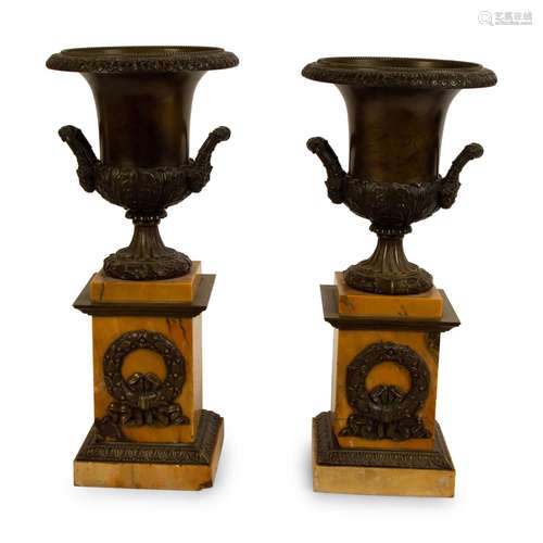 A Pair of French Bronze Urns on Marble Bases Height 14 1/2 i...