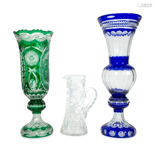 Two Continental Color Cut-to-Clear Glass Vases and a Cut Gla...