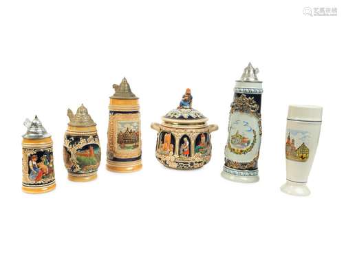 A Group of Six German Steins and Drinking Vessels Height of ...