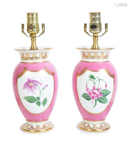 A Pair of German Porcelain Vases Mounted as Lamps Height ove...