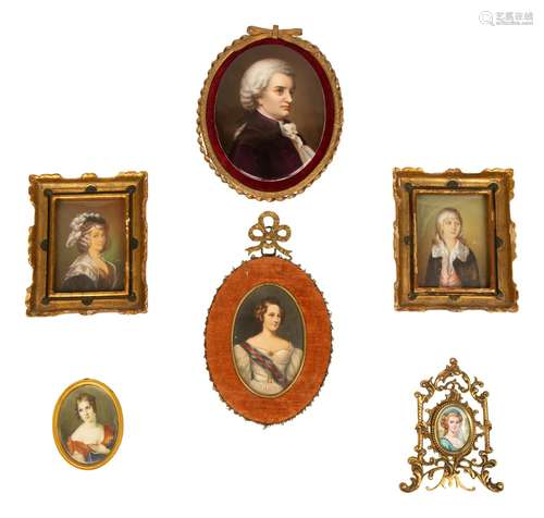 A Group of Six Continental Miniature Watercolor Portraits La...