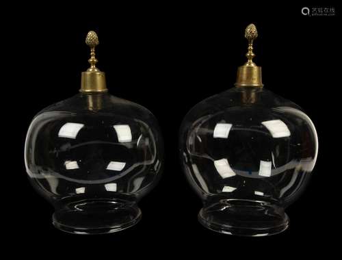 A Near Pair of English Gilt Metal Mounted Glass Cloches Heig...