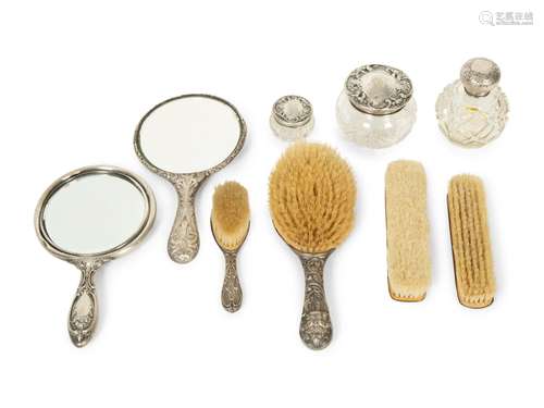 An American Silver Nine-Piece Dresser Set Length of larger h...