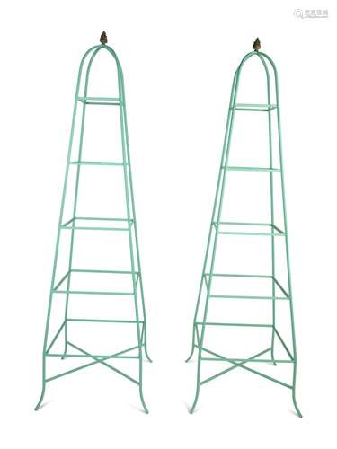 A Pair of Obelisk Form Painted Metal Five-Shelf Etageres Hei...