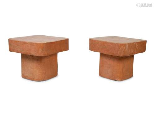 A Pair of Faux-Marble Side Tables Height 18 x width 21 1/2 x...